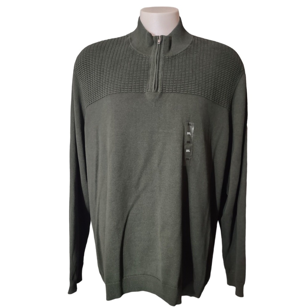 Alfani Sweater Men's 3XL Cabin Core Olive Green Textured Quarter Zip Ribbed Trim